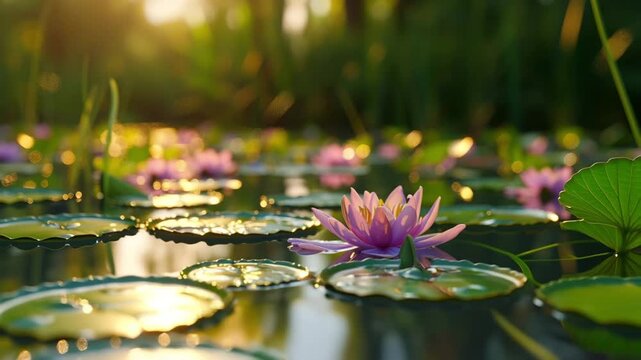 Purple water lilies floating in a tranquil pond at sunset