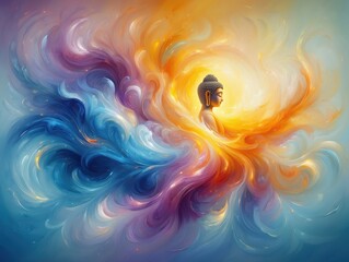 Fototapeta premium Buddha in Meditative Bliss Amidst Cosmic Swirls