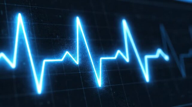 Abstract Blue Neon Heartbeat ECG Line on Dark Grid Background.