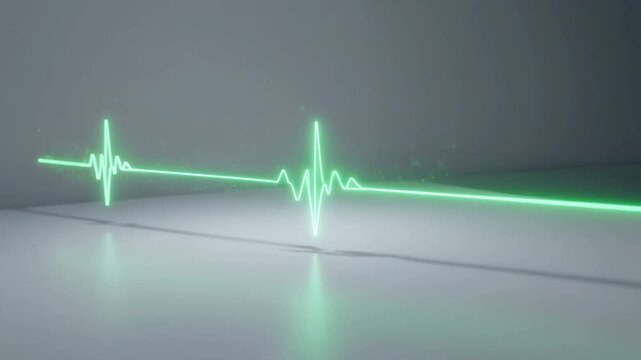 Abstract animated glowing green pulse line moving across a neutral white and gray background with smooth rhythmic waveform motion
