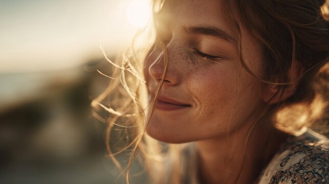 Close up portrait of beautiful freckled woman with closed eyes enjoying morning sunlight