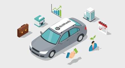 Isometric illustration of a car with financial and business icons
