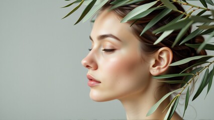Fototapeta premium close portrait young woman face she has her eyes closed her head tilted slightly side her hair styled messy bun she wearing minimal makeup background light grey color green leaves scattered around