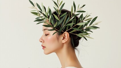 Fototapeta premium portrait young woman her eyes closed her head tilted slightly side she wearing wreath green leaves her head which multiple leaves arranged circular pattern leaves different sizes shapes creating