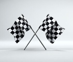 Fototapeta premium Two checkered flags crossed on silver poles against a light background