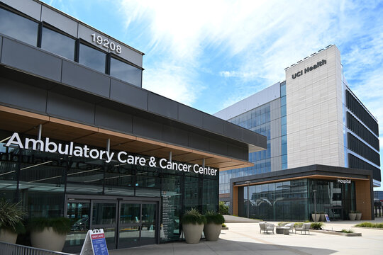 IRVINE, CALIFORNIA - 6 MAR 2026: The Chao Family Comprehensive Cancer Center and Ambulatory Care and the Hospital building on the Campus of UCI Health.