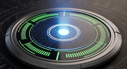 Futuristic circular device with glowing blue center and green lights