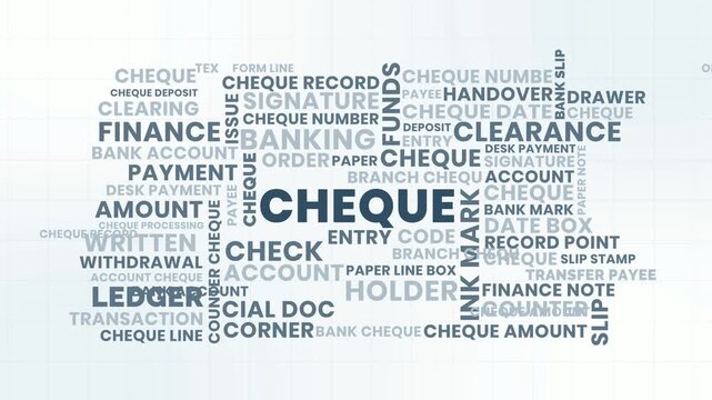 Minimal Cheque Word Cloud Design for Banking Documentation, Clearing Process, Account Payment. Cheque Monochrome Modern Typography