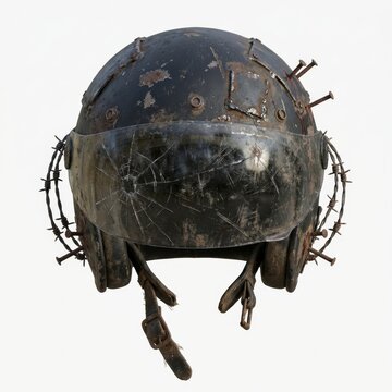 Post-Apocalyptic Raider Helmet with Barbed Wire and Rusty Nails Isolated on White.
A heavily damaged black combat helmet featuring a cracked visor, rusty metal patches, barbed wire, and protruding nai