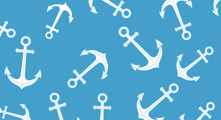 Nautical pattern of white anchor icons scattered over a solid blue background perfect for maritime themes and ocean related designs.