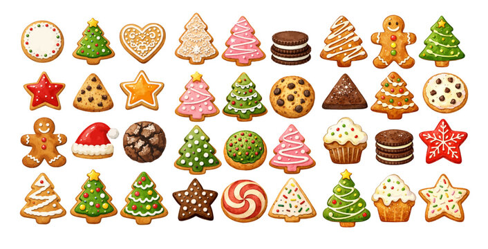 A charming watercolor collection of decorated Christmas cookies including gingerbread, stars, and tree shapes for holiday dessert illustrations and festive design