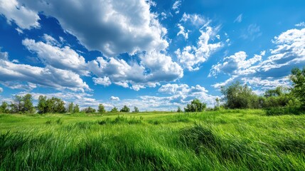 Obraz premium Serene grass field under a vibrant blue sky