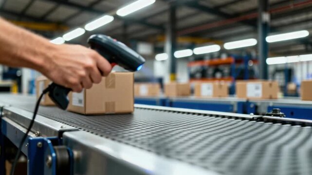 Worker scans barcodes on cardboard boxes moving on a conveyor belt in a logistics warehouse.