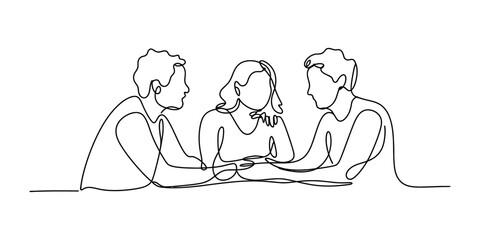 Minimalist Line Art: Three People Discussing Ideas at Table © Badhon_Art Gallery