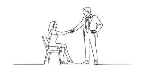 Obraz premium Business handshake between man and woman in suit, partnership concept, meeting, agreement