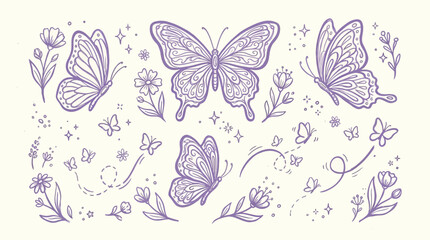 A whimsical collection of delicate purple butterflies and floral elements, set against a soft cream background with sparkling accents. © KN collection