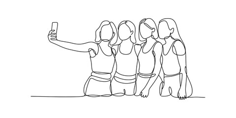 Obraz premium Four friends taking a selfie together, continuous line art, group photo, modern illustration