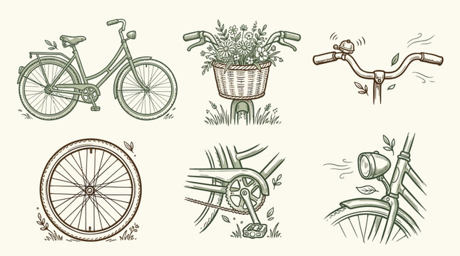 A charming collection of vintage bicycle illustrations, showcasing various parts and a complete bike adorned with flowers.