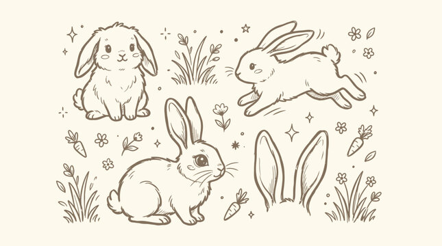 Charming Hand-Drawn Sketch of Adorable Bunnies in Various Poses Surrounded by Spring Elements.