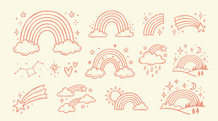 A charming collection of hand-drawn rainbow illustrations, featuring clouds, stars, shooting stars, and celestial elements, rendered in a warm, earthy tone. © KN collection