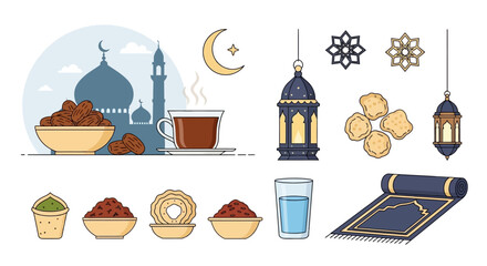 Ramadan Icons Mosque, Dates, Sweets, Prayer Mat, and Lanterns Collection for Islamic Celebrations