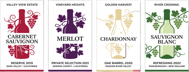 Naklejka premium Assorted wine labels featuring various grape varieties and vineyards displayed on a white surface from a straightforward viewpoint