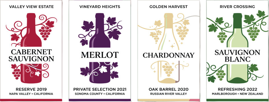 Assorted wine labels featuring various grape varieties and vineyards displayed on a white surface from a straightforward viewpoint