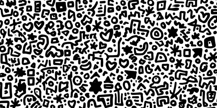 A busy, abstract pattern of small black shapes on a white background