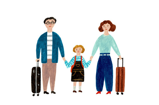 家族旅行へ出かける親子3人とスーツケースのイラスト