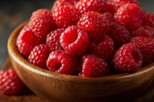Fresh ripe raspberries in wooden bowl on dark background. Healthy organic fruit snack, natural dessert and nutrition concept with vibrant red color and juicy texture.