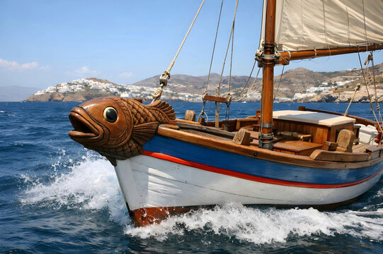 Barco griego con mascar&oacute;n de proa en forma de pez al estilo antigua cultura de islas c&iacute;cladas.