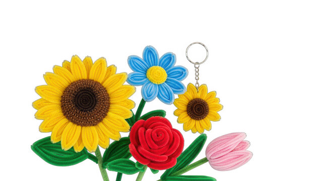 bottom corner view Colorful Flower Set, Beautiful Handmade Pipe Cleaner Flower Craft, Sunflower Craft Keychain, isolated black background