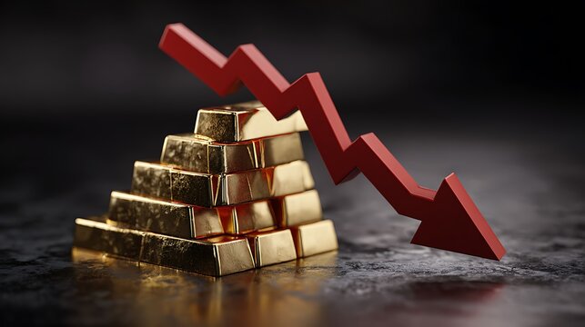 A stack of gold bars with a red downward arrow indicating a decline in value or market trend.
