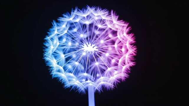Close-up of a dandelion seed head illuminated with vibrant pink and blue neon lights against a dark background