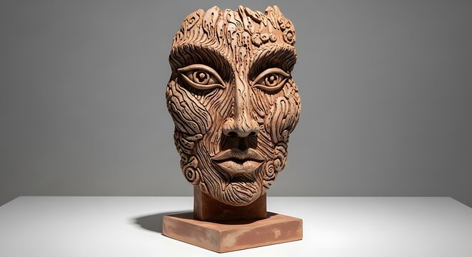 Abstract clay sculpture of a face with intricate patterns and textures
