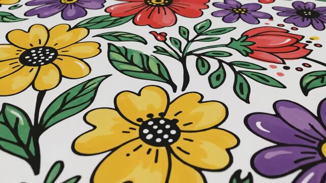Vibrant floral pattern with yellow, purple, and red flowers and green leaves on a white background, showcasing a cheerful and organic design