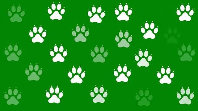 Seamless pattern of white paw prints on a vibrant green background, perfect for pet-related designs and backgrounds