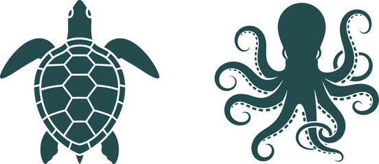 Sea turtle and octopus silhouette illustrations © MDABDUR