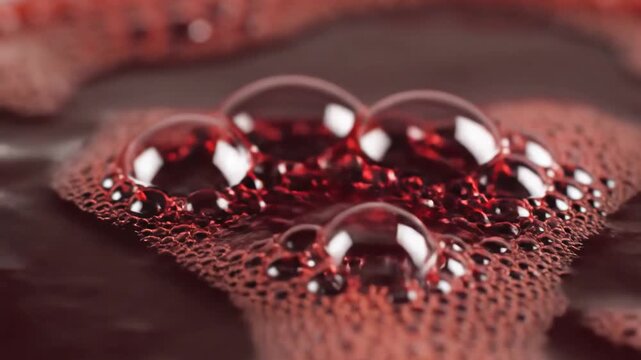 Close up macro shot of red wine fermentation bubbles forming on the surface.