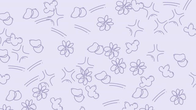 Animated floral doodle pattern across soft purple background.