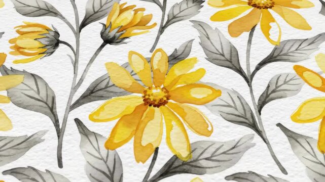 Watercolor yellow daisy flowers with gray leaves, seamless pattern on a white background, delicate botanical illustration