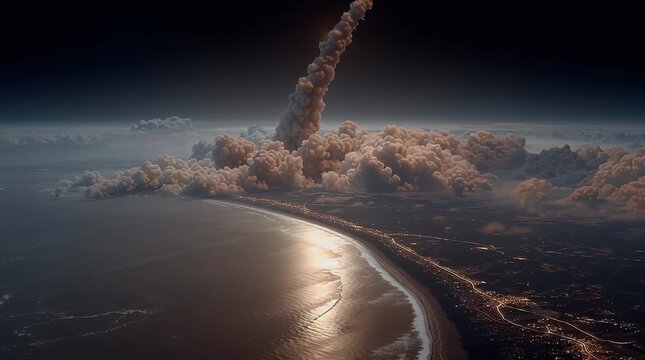 Rocket Launch at Dawn Over Ocean with Dramatic Cloud Formation and Light