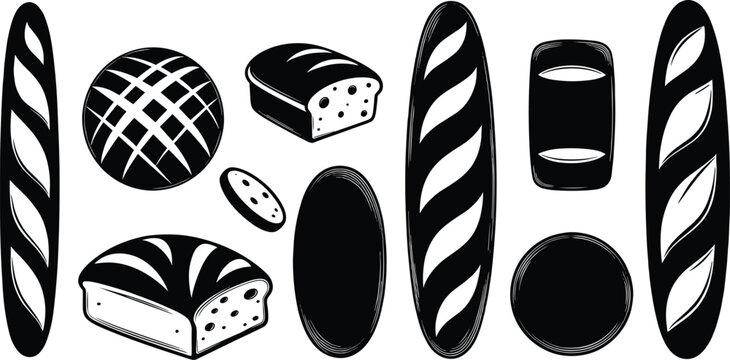 Black and white bakery bread icons set featuring baguette loaf slice and round bread vector illustration collection isolated for bakery menu food packaging logo design