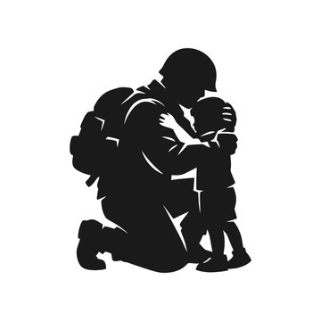 silhouette of soldier and a child huging each other full of love and peace