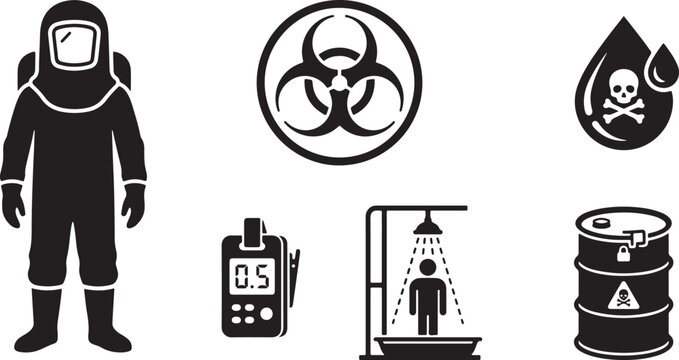 Set of 6 black vector icons depicting biohazard and chemical safety, including a hazmat suit, biohazard symbol, toxic drop, radiation detector, decontamination shower