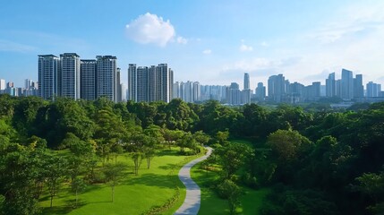 Obraz premium Panoramic view of urban skyline and lush parkland in Singapore