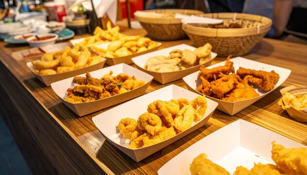 Variety of crispy deep fried appetizers and seafood snacks at authentic street food market stall