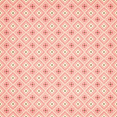 Fototapeta premium Pink diamond floral seamless pattern with dotted borders. Cute vintage background perfect for baby themes, wallpaper, textiles and packaging.