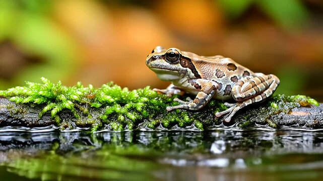 Brown frog sitting on mossy branch reflecting in water