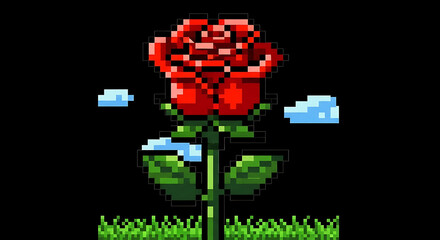 Fototapeta premium Pixel art illustration of a red rose in bloom.